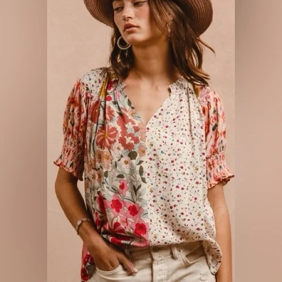 Floral Patchwork Boho Peasant Top | Smocked Sleeve Woven Blouse - Picture 7 of 9